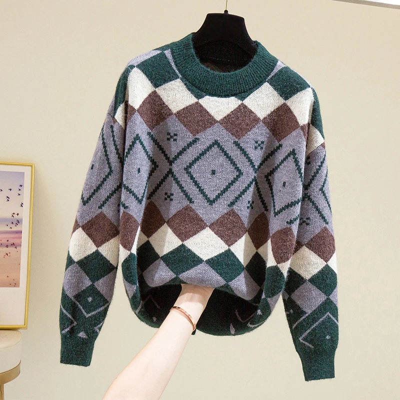 

plus size women vintage plaid kint sweater fashion long sleeve o neck kint autumn winter thick oversized pullover jersey mujer