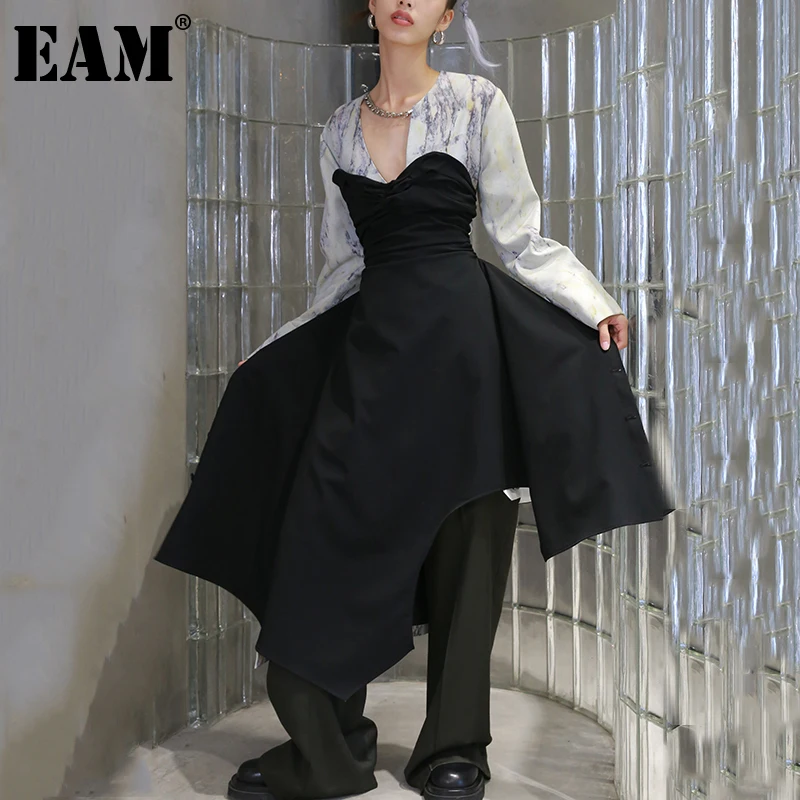 

[EAM] Women Black Brief Irregular Bandage Stitch Pleated Dress New Strapless Fit Fashion Tide Spring Autumn 2022 1DD2411