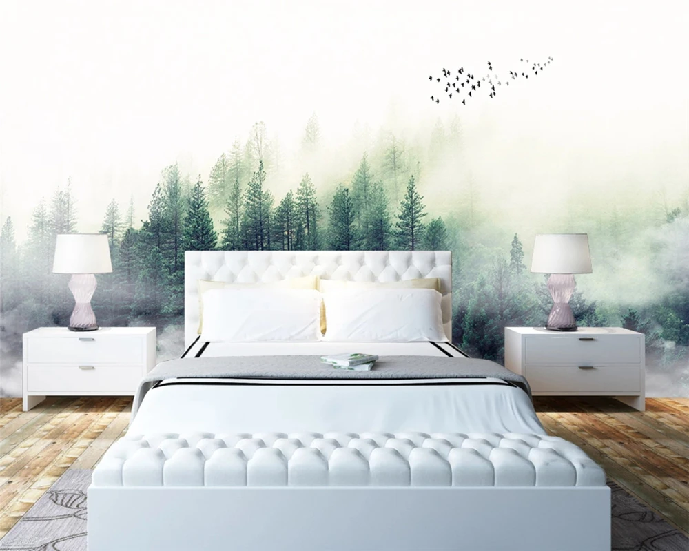Пользовательские Современные 3D обои современный свежий лес облака флок птицы