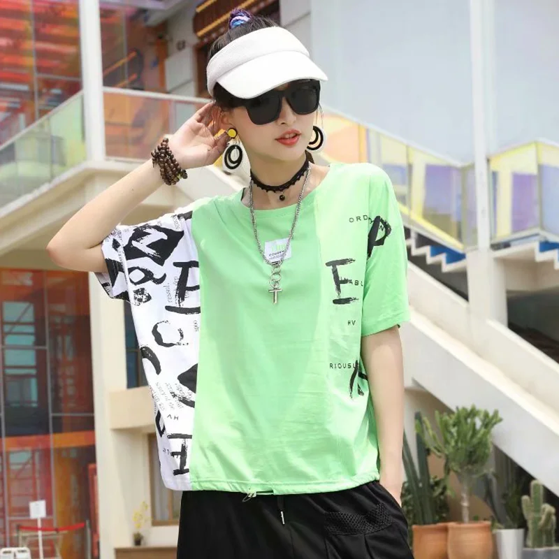 

Drawstring Hole Pocket Round Neck Short Sleeve T-shirt Women's Spring And Summer European Version Western Style Tees And Tops