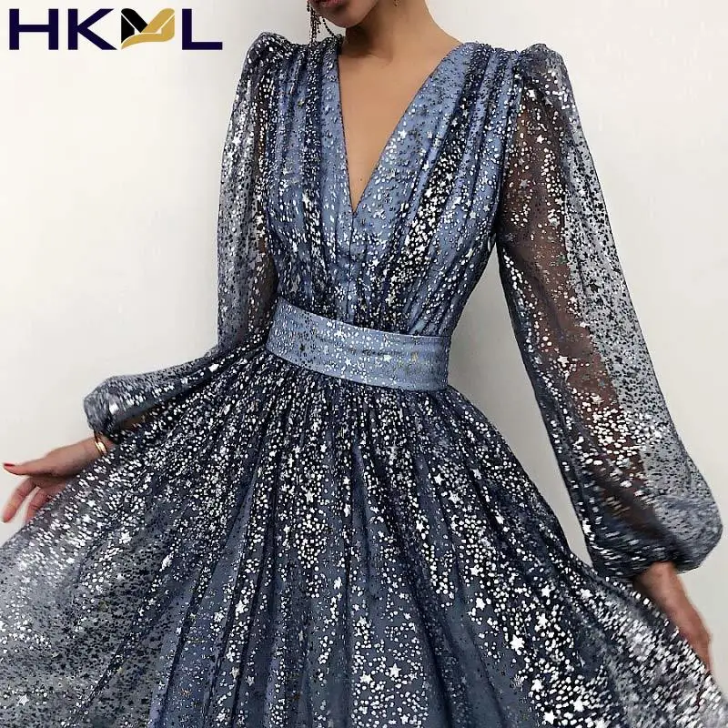 

Women's Dresses Puff Long Sleeve Solid Pleated High Waist Deep V-Neck Mesh Shining Translucent Wedding Dresses