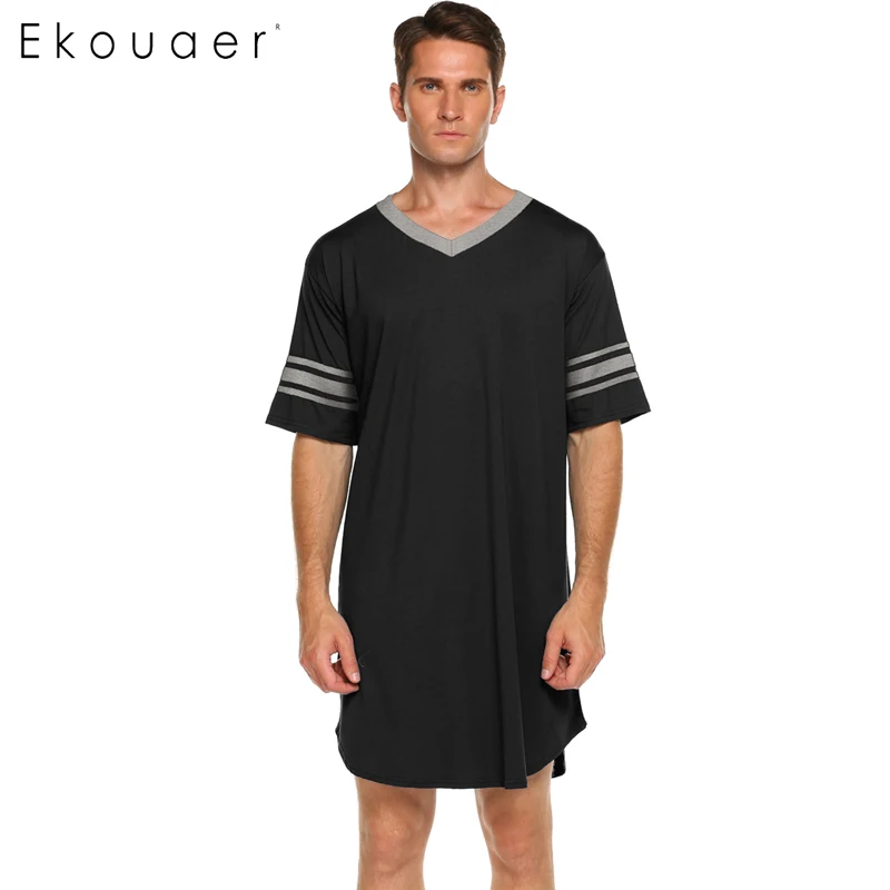 Black Ekouaer Мужская пижама длинная ночная рубашка с коротким рукавом ночная рубашка мягкая удобная свободная рубашка для сна Мужская домашняя одежда - Color: Black