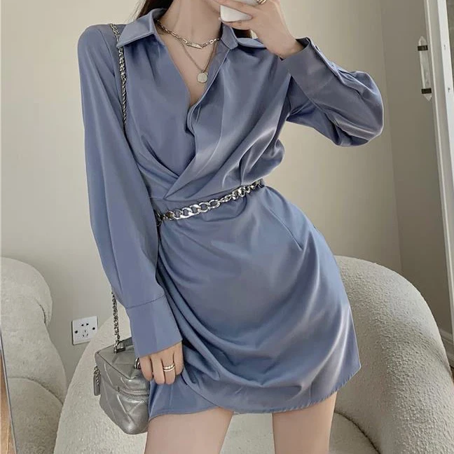 

Платье-рубашка женское атласное, короткое осеннее длинное вечернее платье неправильной длины с французской цепочкой и воротником на талии