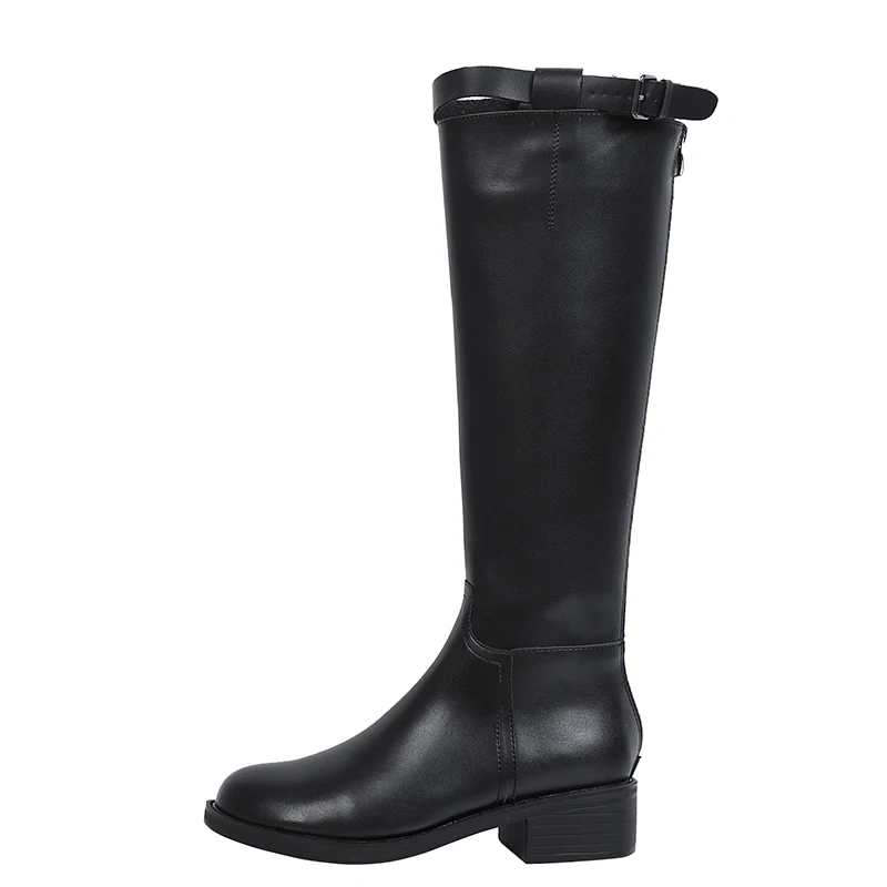 Черные женские сапоги до колена кожаные высокие теплая плюшевая женская зимняя