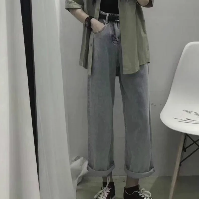 

Jeans Women High Waist Loose Straight Button Pockets Zipper Denim Trousers Korean Style Chic Trendy Fashion Womens Daily Leisure