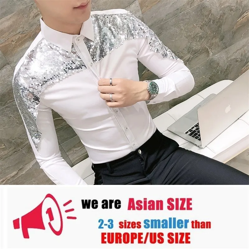 white Brand Slim Fit Men Shirt Korean Fashion Paillette Shirt Long Sleeve Casual Shirts Night Club Party Prom Dress Shirt camisa - Цвет: white