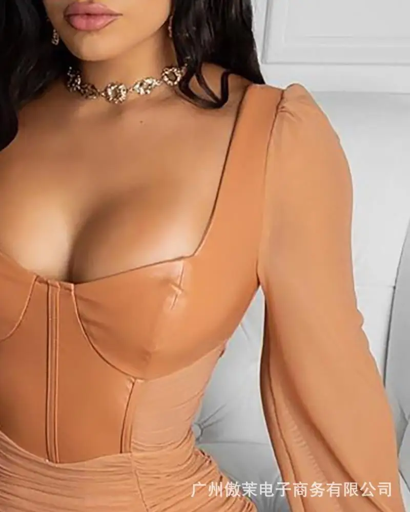 

Women's streetwear sexy see-through lace stitching dress spring and autumn long-sleeved artificial leather slim party mini skirt