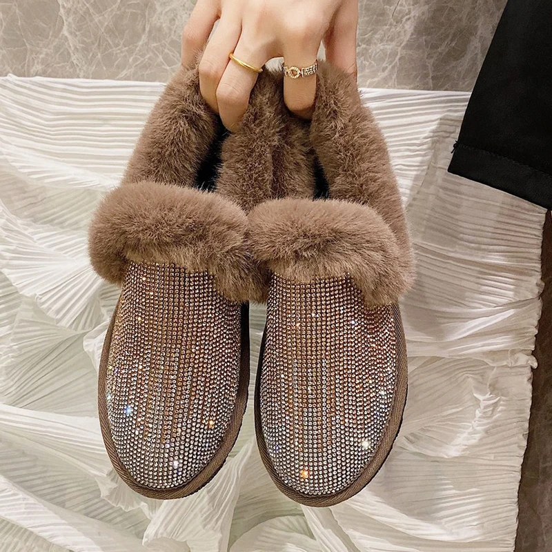 

Блестящий Полный со стразами; Теплые меховые ботильоны для женщин, без шнуровки, короткие плюшевые ботильоны на зиму Женская Роскошная обув...