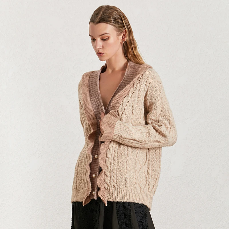 TWOTWINSTYLE Ruffles Patchwork Sweater For Women V Neck Flare Sleeve Cardigans Loose Elegant Sweaters Female Fashion Winter 2020 |