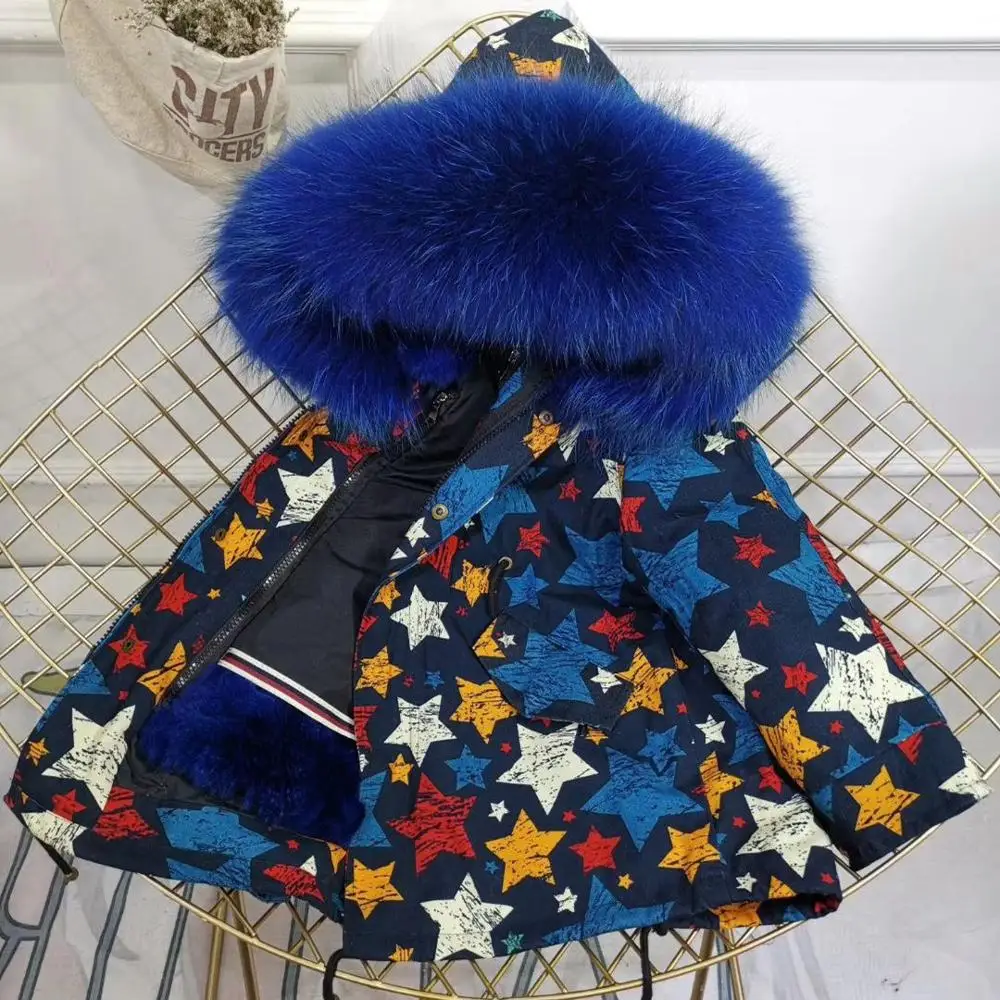 Children Winter Jacket Graffiti Boys Girls Real Fur Coat Thick Warm Rabbit Fur Kids Jacket Coat Furry Natural Fur Collar TZ428