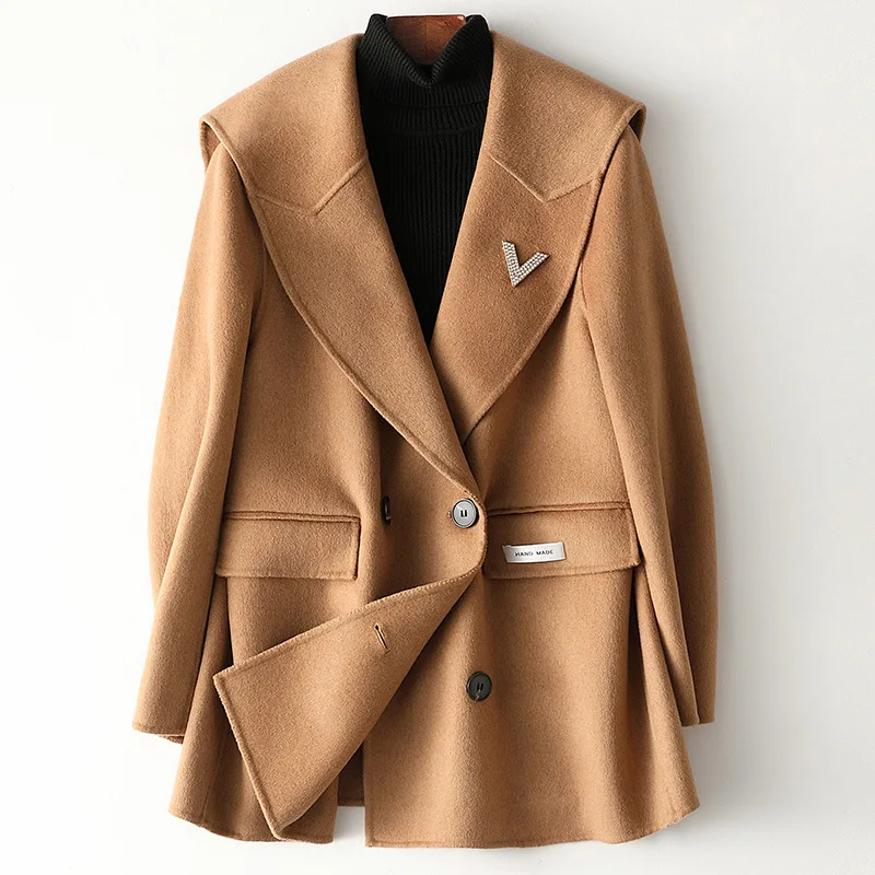 

Autumn 2021 New Double-Faced Woolen Overcoat Women Female Medium Length 100% Extrafine Wool Big Lapel Jacket Loose Outerwear