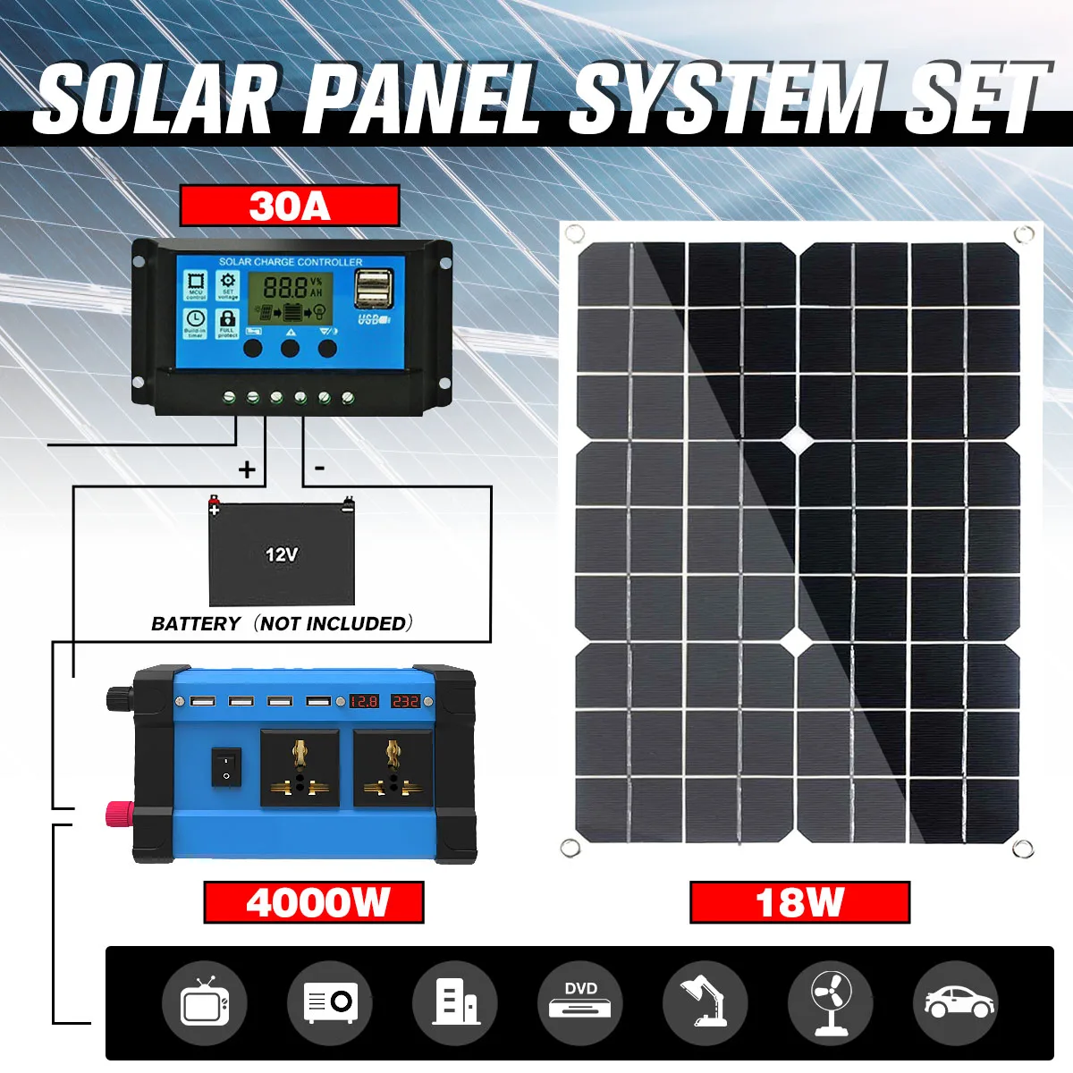 

12V Solar Panel System 18V Solar Panel 30A Charge Controller 4000W Solar Inverter Kit Complete Power Generation System Set