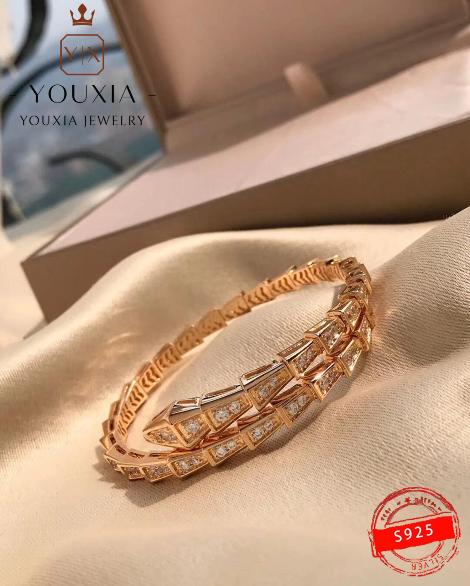 

1:1 925 Sterling Silver Custom Snake-shaped Full Diamond Opening Narrow Fashion Rose Gold Bracelet