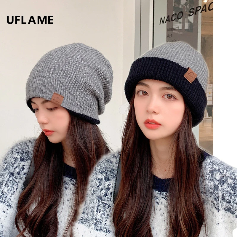 

Кожаная вязаная шапка UFLAME на осень и зиму, двойные плотные женские шапки, шапка, простая шапка для пары, ветрозащитные шапочки, облегающие ша...