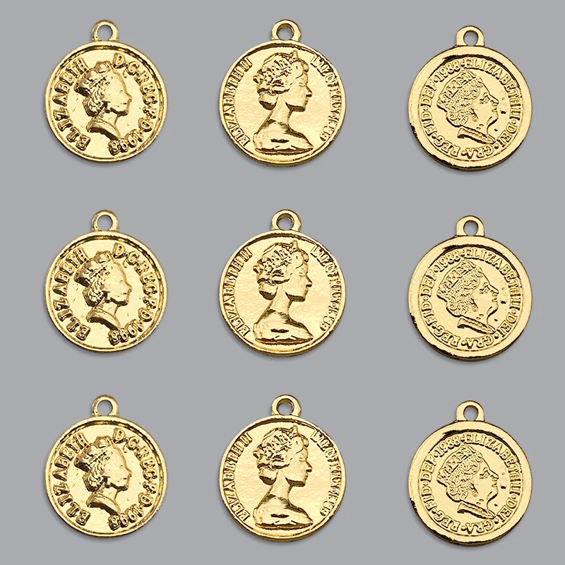 

Zinc Alloy Golden Medal Coin Charms Queen Crown Round Coins Portrait Pendant Wholesale For DIY Necklace Jewelry Making Supplies