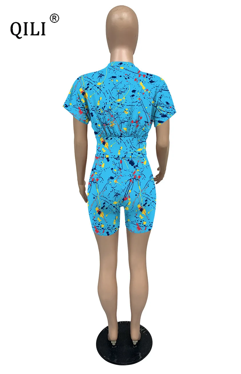 

QILI Short Sleeve Biker Casual Two-piece Suit Womens Print Slim Waist Top and Shorts Matching Set Tracksuits