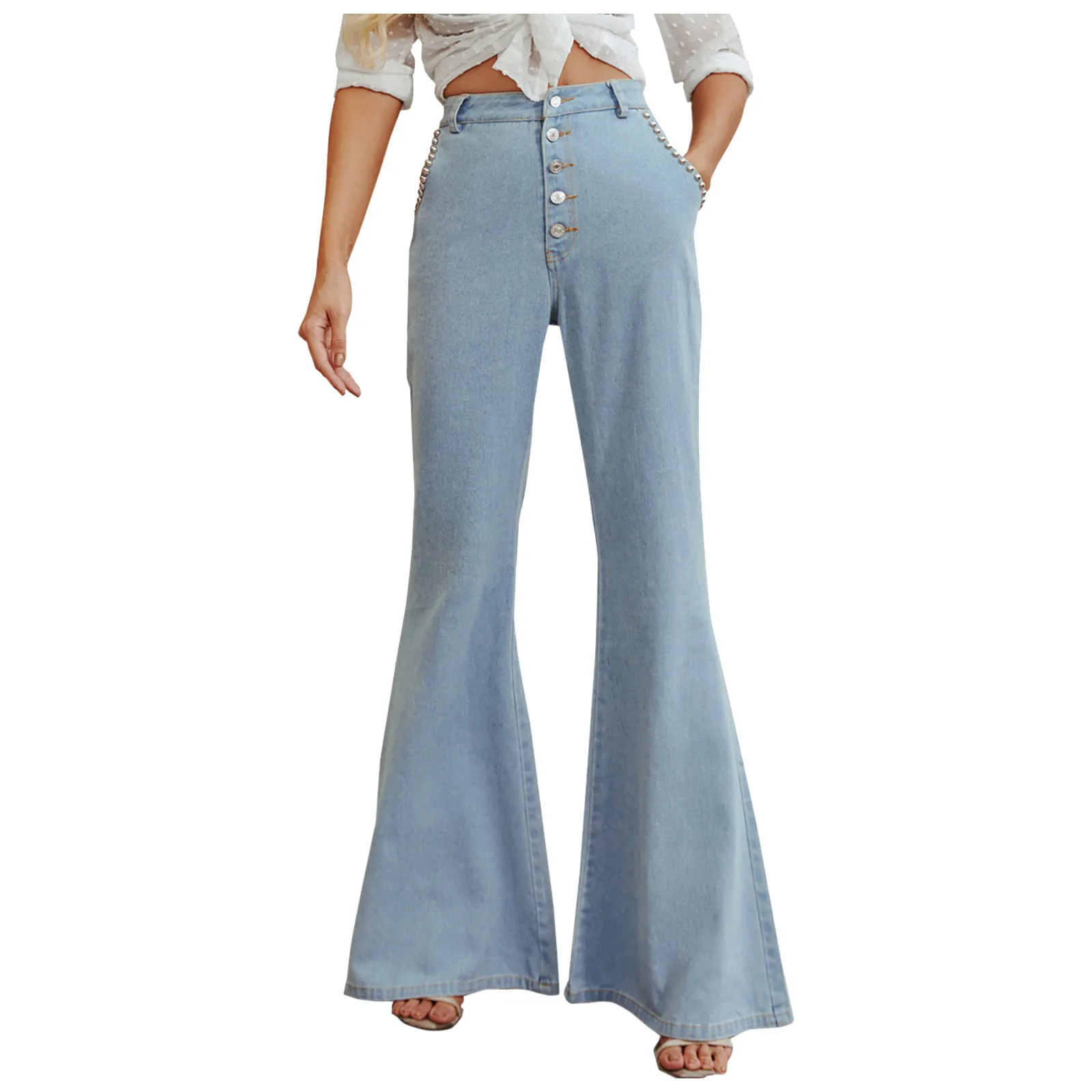 

SAGACE Ladies casual fashion comfortable high waist retro slim wide leg jeans Solid color high waist fashion long loose jeans