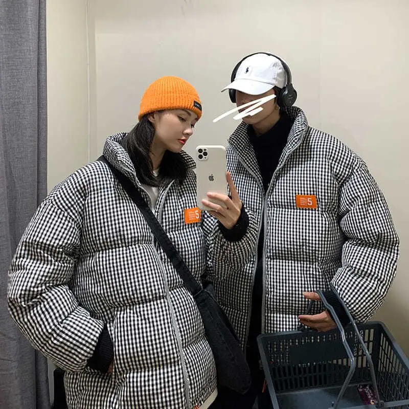 

Lovers wear winter plaid bread coat women 2021 new padded jacket Hong Kong style thickening high street preppy student warp coat