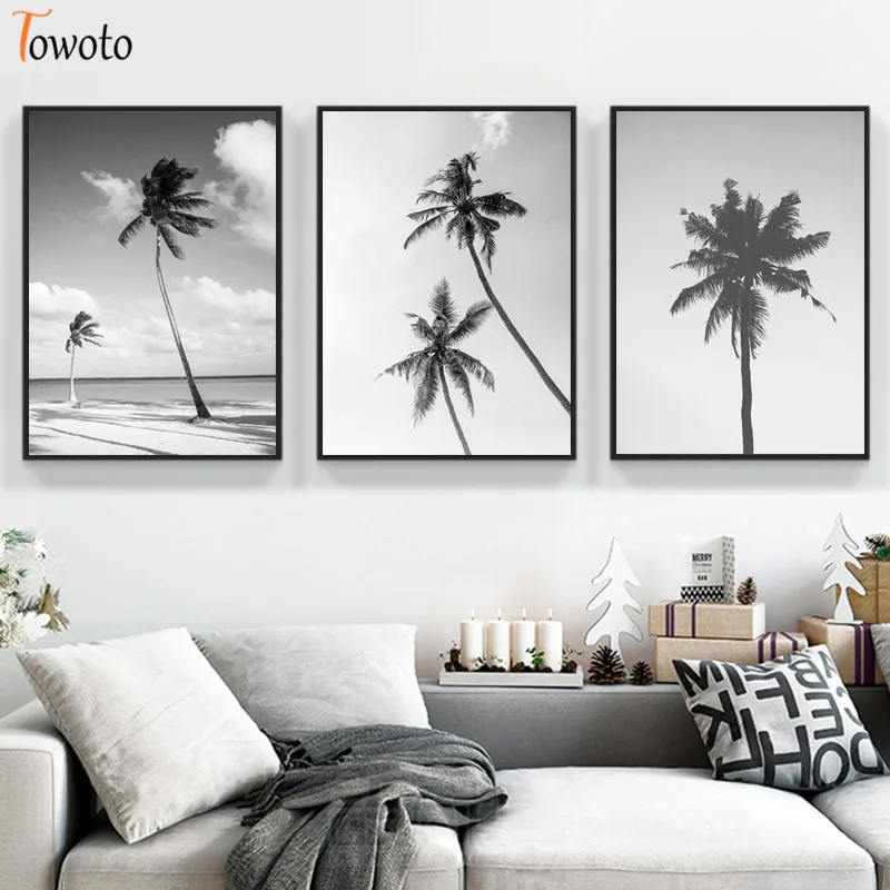 Черно-белый постер с принтом пальмы пейзаж холст живопись песчаный пляж
