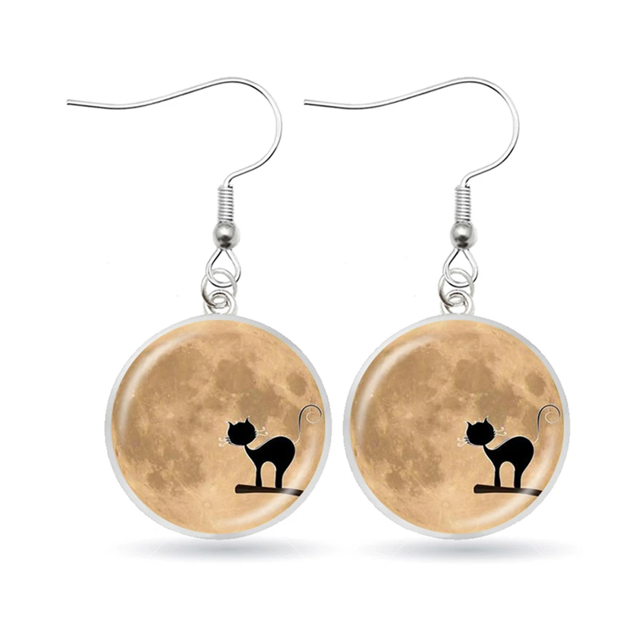 Полные серьги-висюльки с Луной черной кошечкой на дереве астрономические