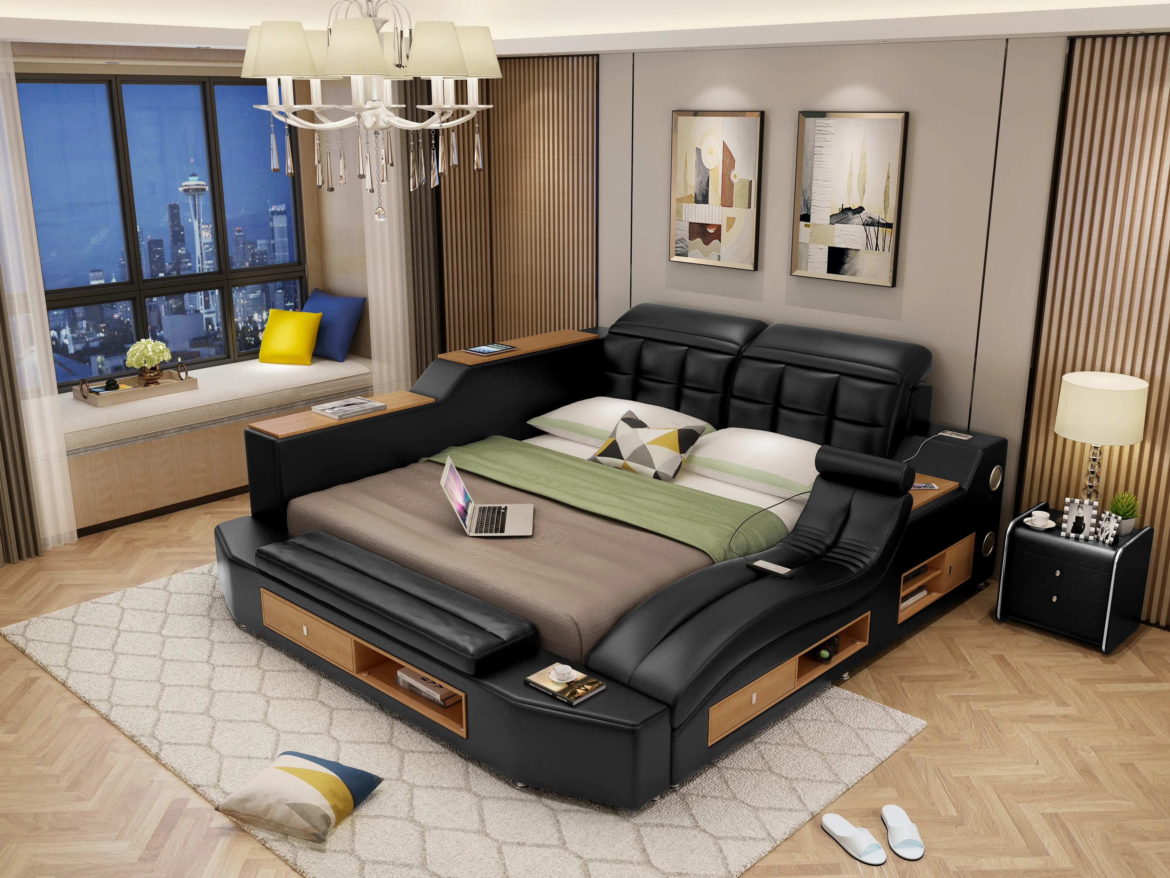 Camas dormitorio современная мебель для спальни умная кровать с кожаной рамкой