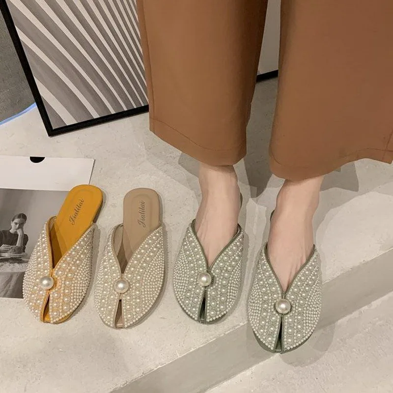 Шлепанцы домашние женские цвета хаки желтый зеленый с жемчугом закрытым носком