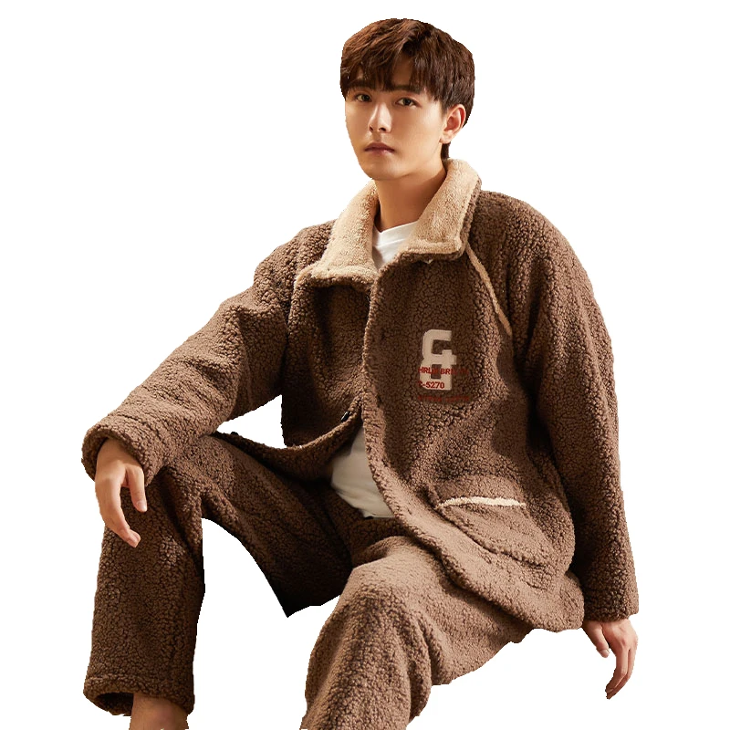 Ｍen's Ｗinter Coral Flannel Warm Full Sleeve Brown Colour Sleepwear Pajamas Set