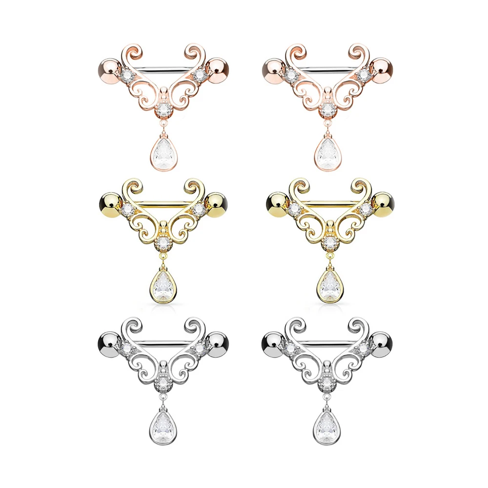 

2PCS Clear Teardrop Crystal Dangle Nipple Ring for Women Stainless Steel Bar CZ Gem Nipple Piercing Breast Fashion Jewelry 14G