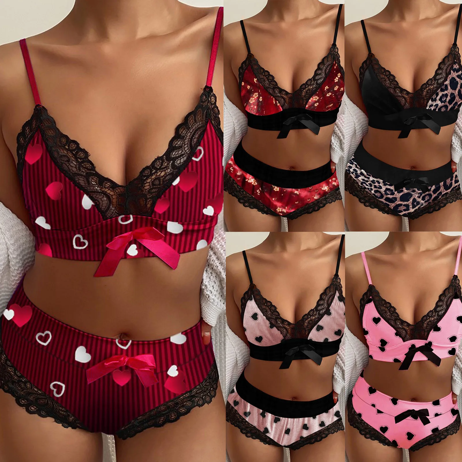 

Bowknot Lace Bra Panty Women's Underwear Set Sexy Lingerie Erotic Babydoll Lenceria Mujer Sexy V-neck Bra Pajamas Set Sleepwear