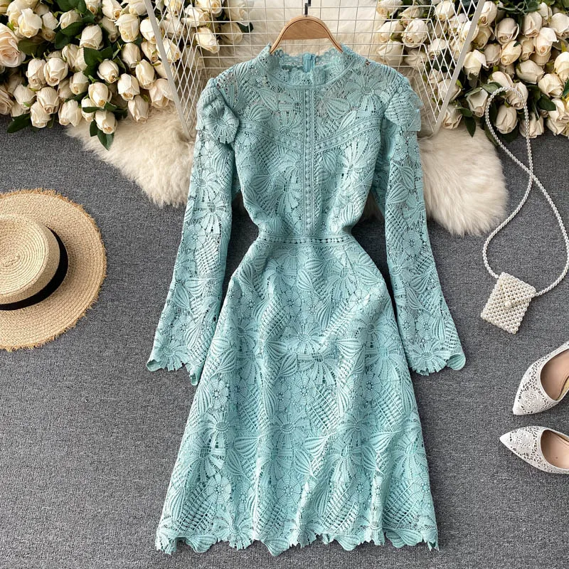

5 Colors Choose Romantic Ruffled Fairy Lace Dress Hook flower hollow Long Sleeves Knee-length Dress Women Vintage Party Dress
