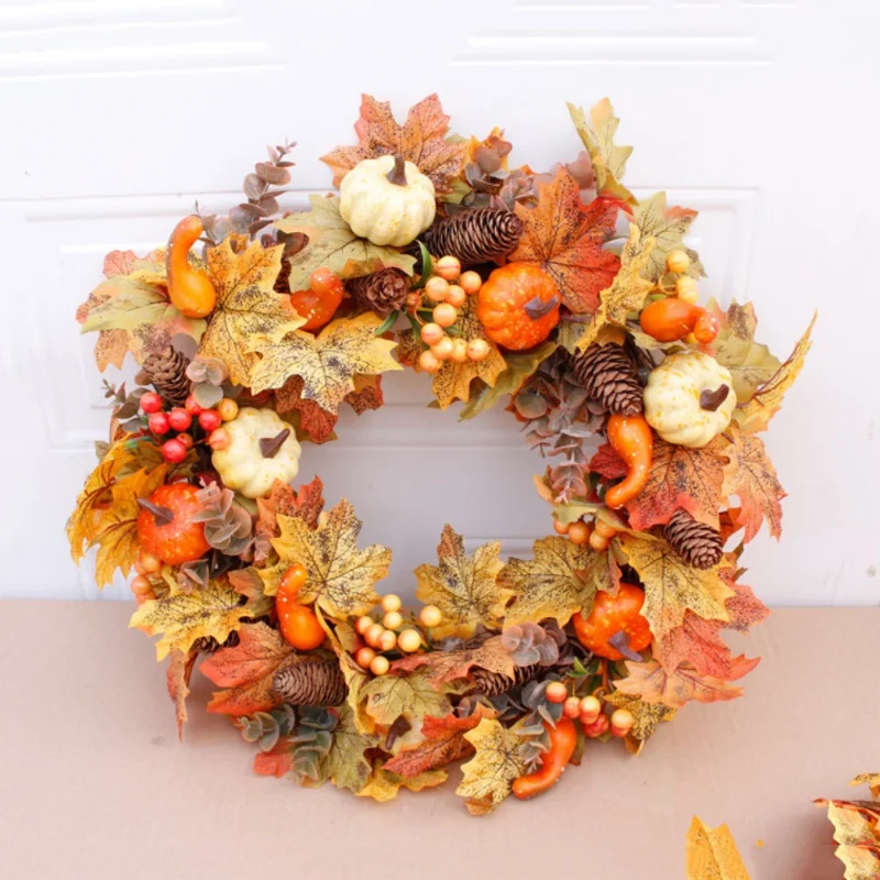 

2022 Halloween Decoration Wreath Maple Root Pumpkin Autumn Door Decor Pine Cone Handmade Rattan Circle Ornament Bkdj