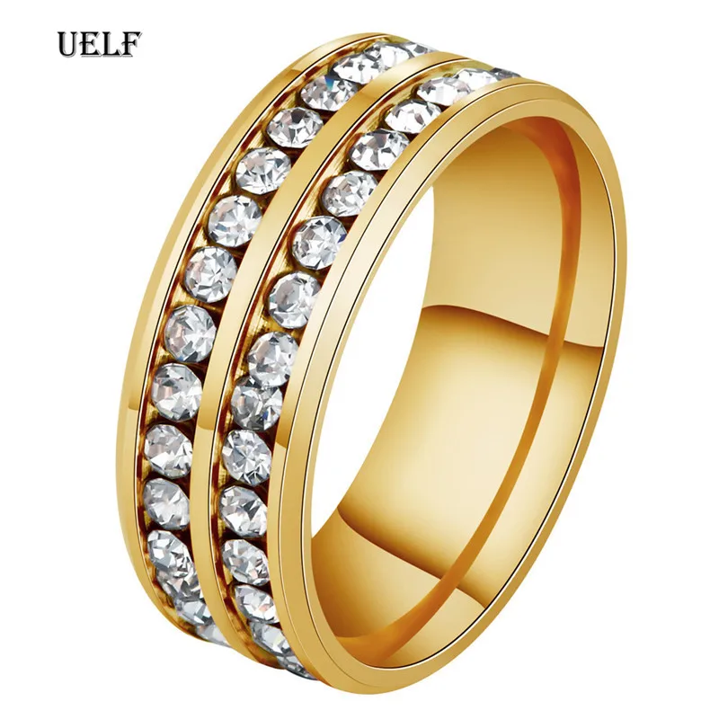 Uelf 2019 новое Золотое кольцо из нержавеющей стали обручальное Стразы 2 ряда белый CZ