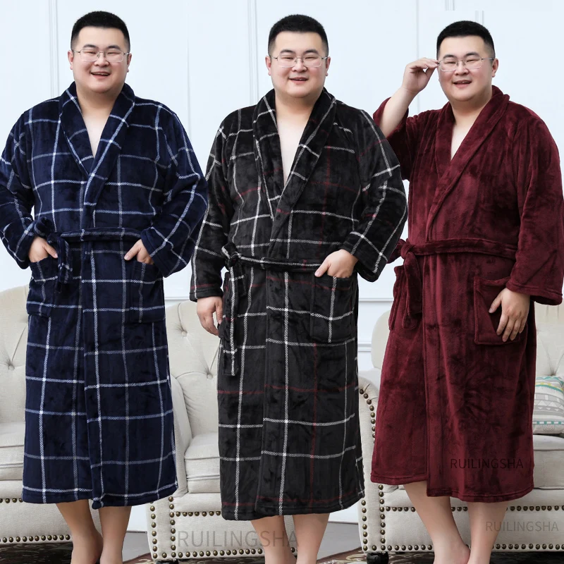

Men Plus Size Warm Flannel Bathrobe 40-130 KG Men Winter Coral Fleece Bath Robe Night Sleepwear Women Dressing Gown Cozy Robes