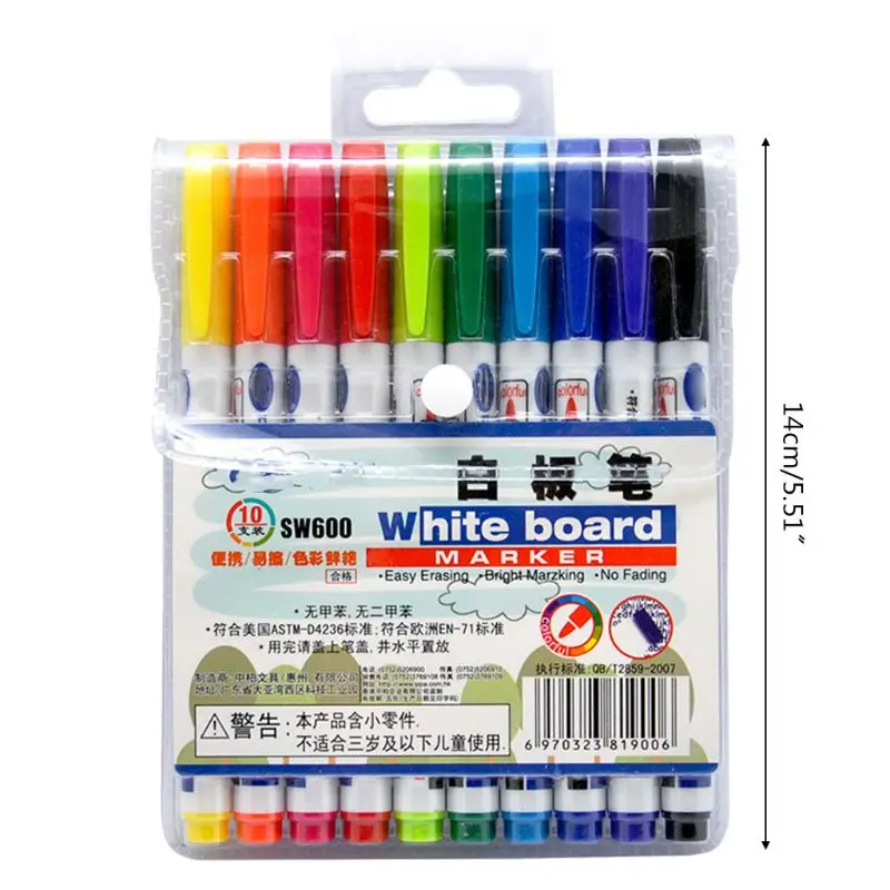 

10 Colors Erasable Whiteboard Marker Pen Non Toxic Sign Fine Nib Drawing Pens Office School Supplies