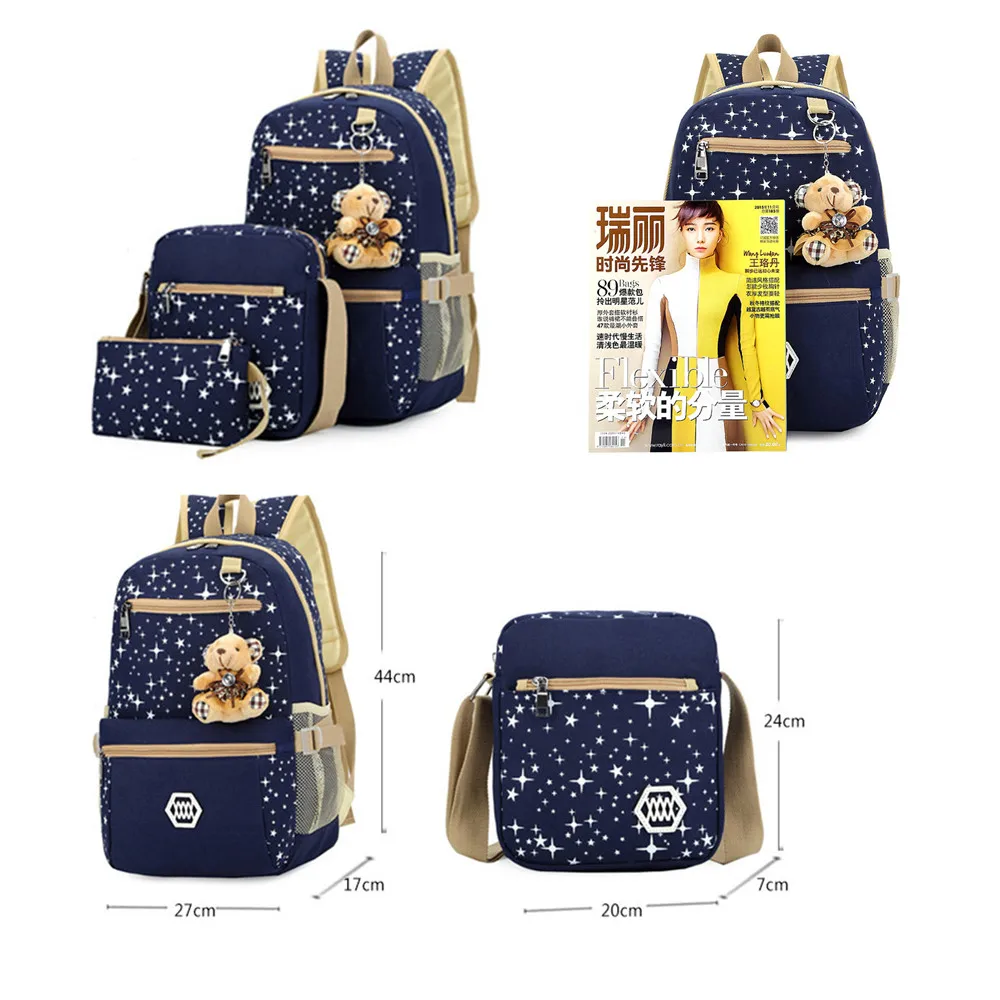 3pcs/set Women Backpack School Bags Star Printing Cute Backpacks With Bear For Teenagers Girls Travel Bag Rucksacks Mochila