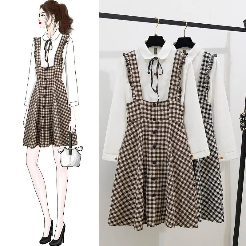 ICHOIX Студенческая белая рубашка Женский комплект 2 шт. платье в клетку из
