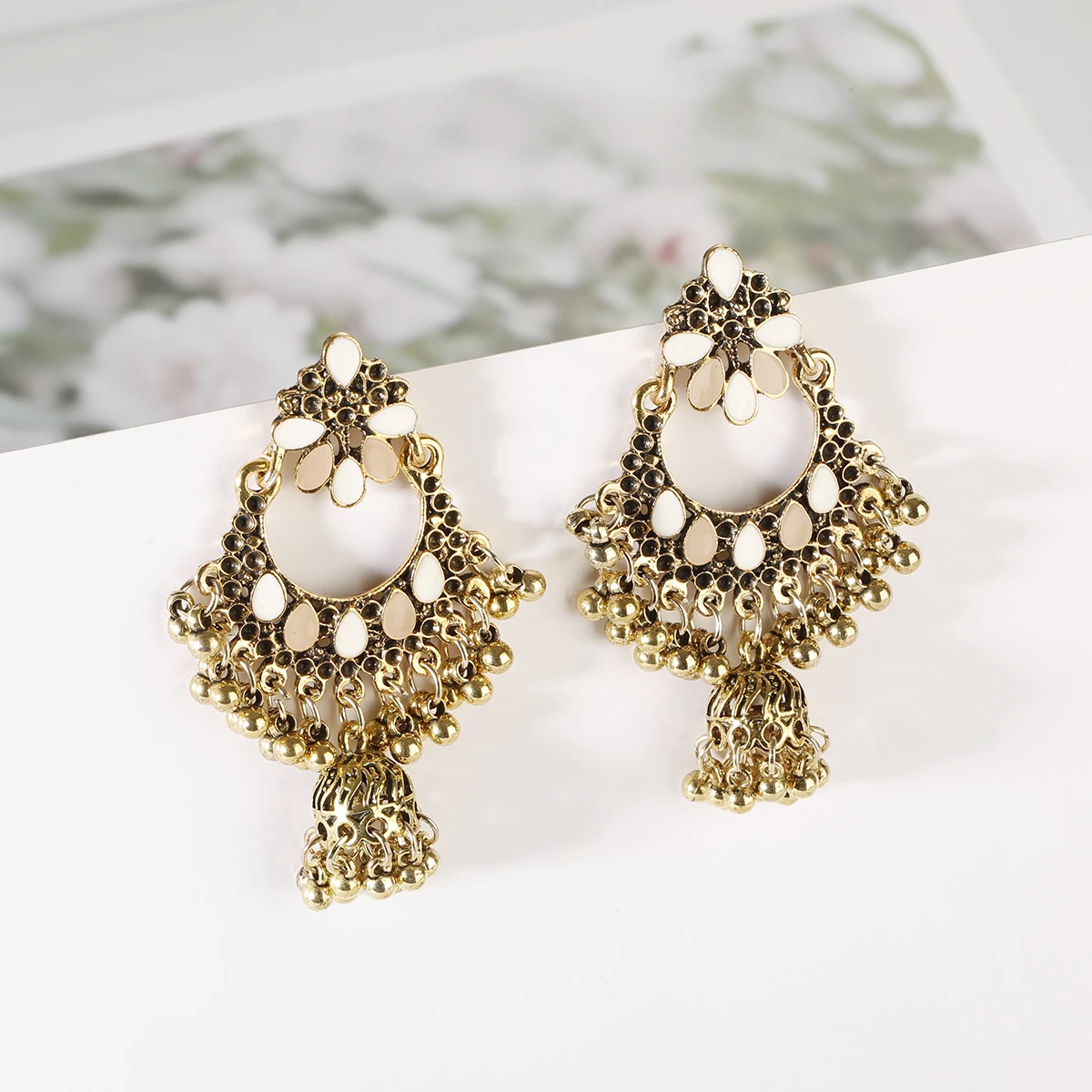 Vintage Indian Bollywood Flower Jhumka Jhumki Earrings For Women Boho Ethnic Gold Color Wedding Earring Jewelry images - 6