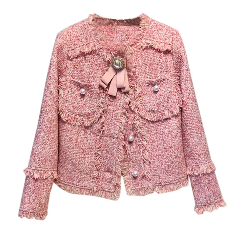 Женский твидовый пиджак с бахромой Boho Inspired розовый бантом верхняя одежда