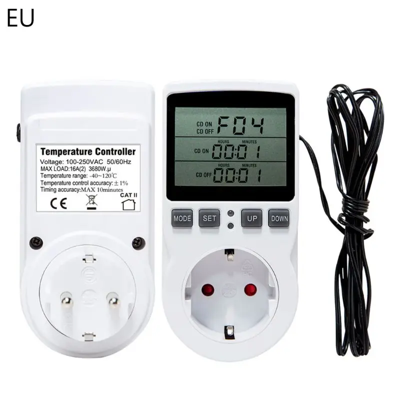 

H7JB Multi-Function Thermostat Digital Temperature Controller Socket Outlet w/ Timer Switch Sensor Probe Heating Cooling 16A
