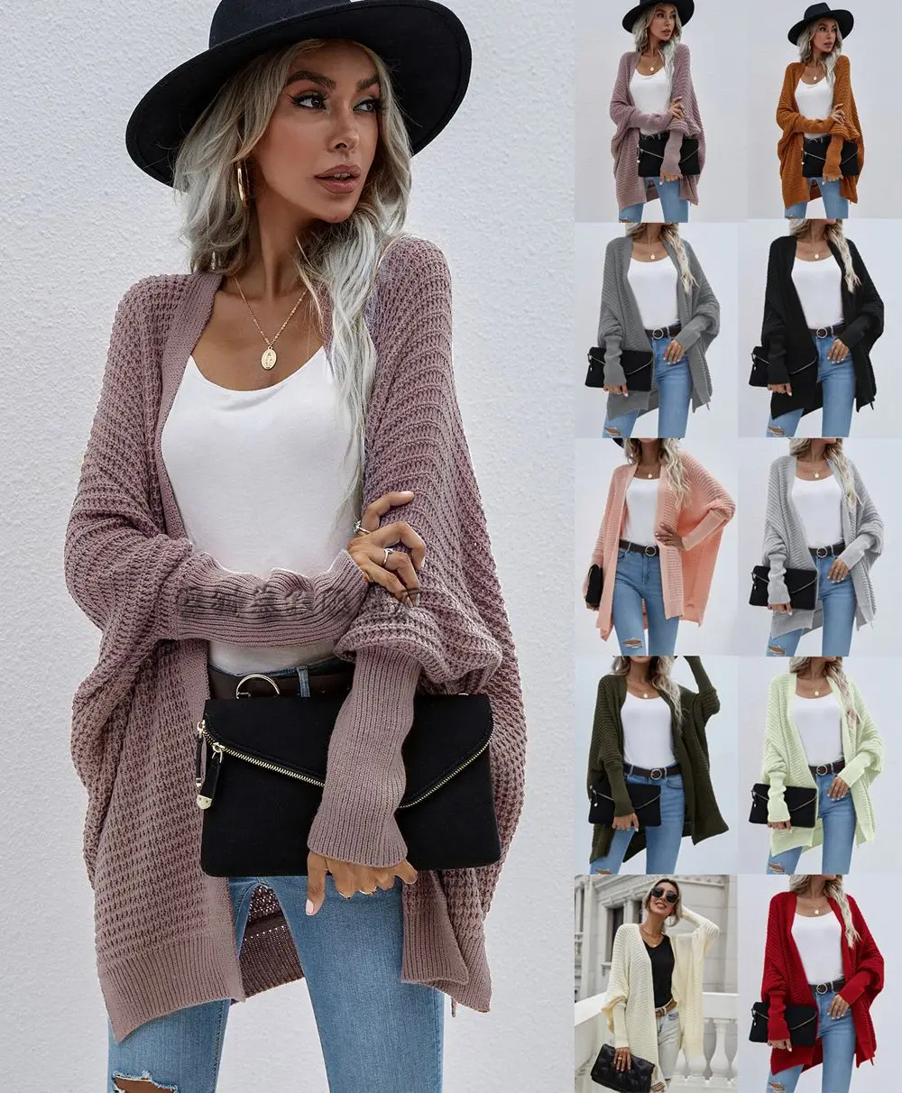 

2021 Autumn V-neck European and American Fashion Women's Knitted Cardigan Temperament Commuting Loose Solid Color Sweater Women