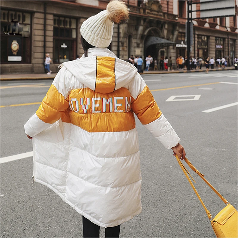 Lucyever Fashion Long Patchwork Letter Hooded Parka Woman Mix Color Thick Slim Jacket Women 2019 Winter Casual Warm Coat Mujer | Женская