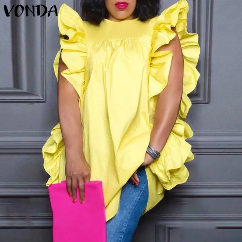 

VONDA Blouse Women Summer Sleeveless Pleated Satin Tops Loose Sexy Solid Ruffled Blouse Bohemian Blusas Oversize Streetwear