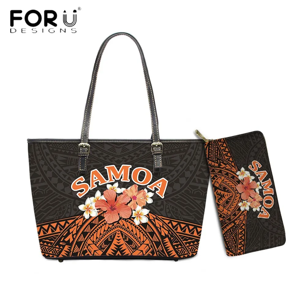 

FORUDESIGNS Fashion PU Leather Handbag And Purse Set Women Polynesian Samoa Tribal Hibiscus Printing Vintage Totes Bolsas Mujer