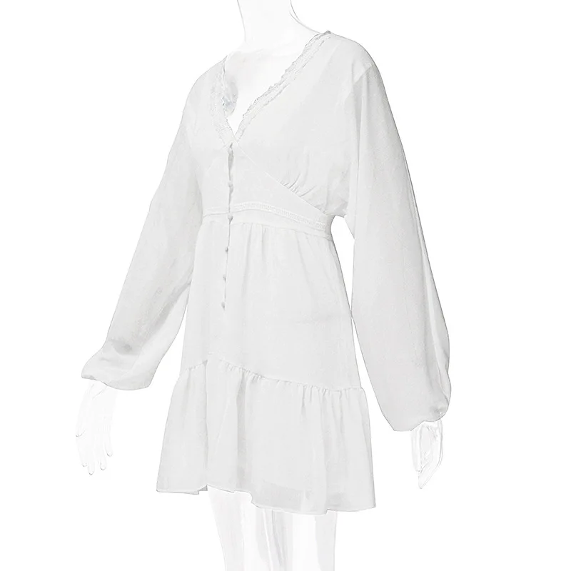 

Sexy Low Waist V-Neck Female Spring and Summer White Lace Long Sleeve Mini Wedding Party Dress Ruffled Elegant Dress