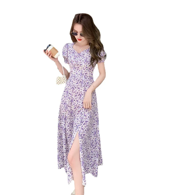 

Summer Elegant V-neck Puff Sleeve Full Flower Print Purple Dress Lady Slim Split A-Line Long Dress For Casual Holiday