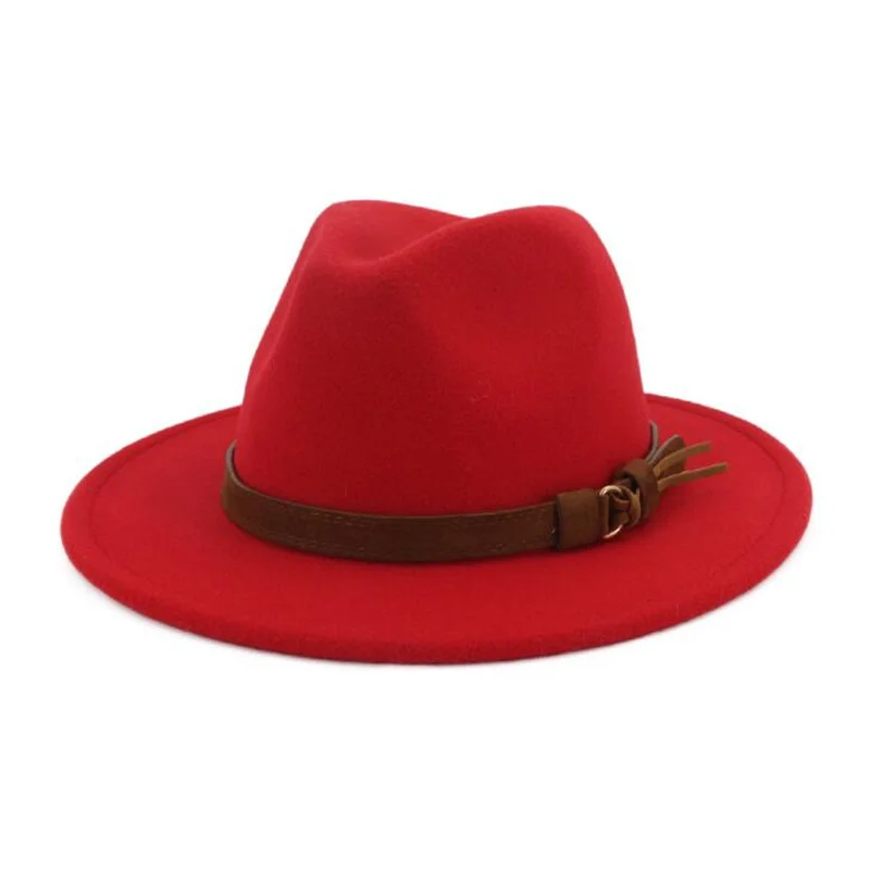 Шерстяная шляпа Fedora для женщин и мужчин, джаз, церковь, Панама, шляпа с кожаная лента, Элегантная Леди, зима, осень, широкие шляпы сомбреро - Цвет: red