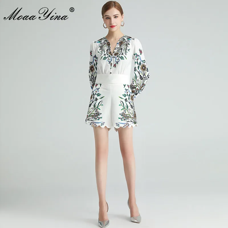 

MoaaYina Fashion Designer Set Spring Summer Women's V-neck Long sleeve Indie Folk Floral Print Blouses Tops+Shorts Two-piece set
