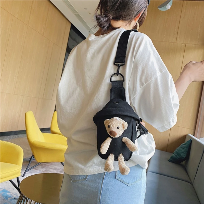 

Cute Bear Canvas Wild Chest Bag Trendy All-match Messenger Women Casual Daily Wear Waist Bag Cartoon Fashion Personality