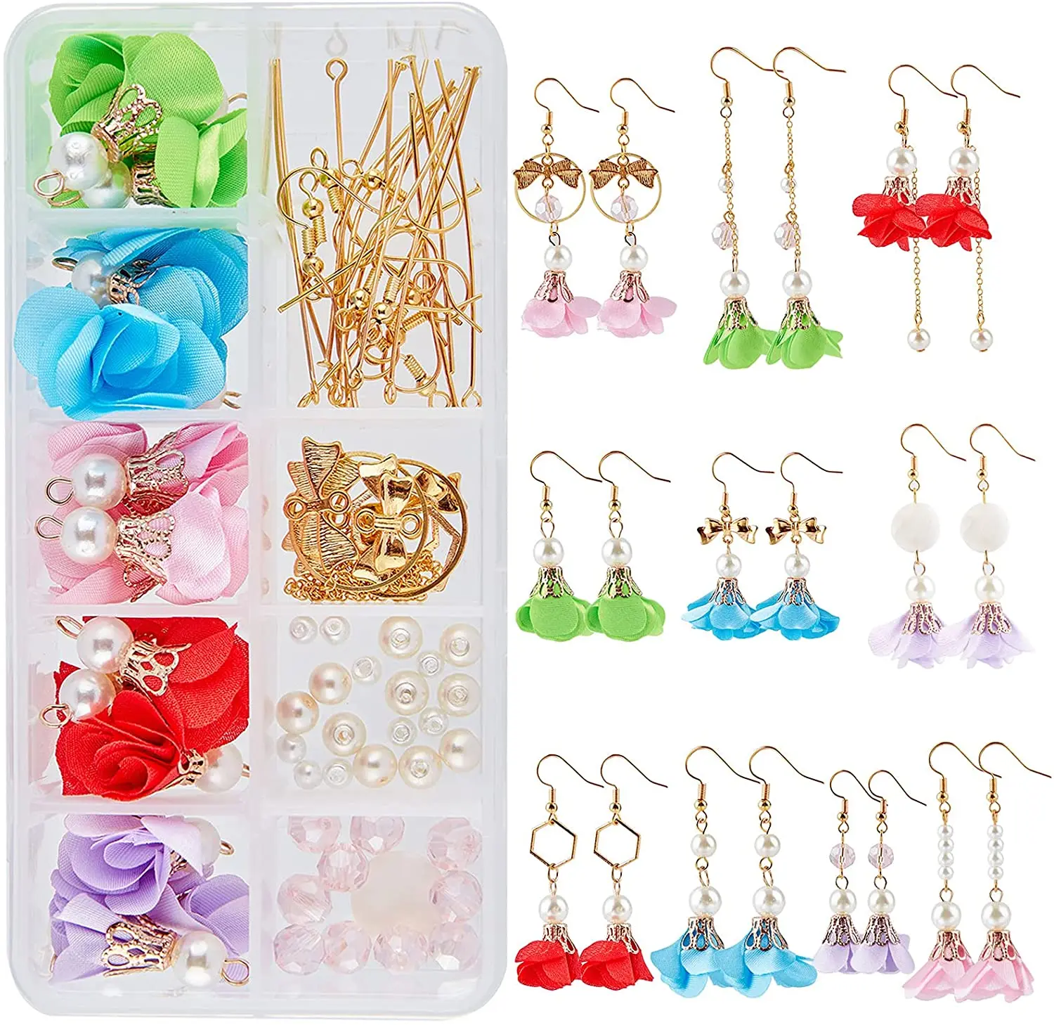 

1 box DIY10 pairs of fabric cloth flower pendant earring kit chiffon flower petal pendant pearl jewelry supplies