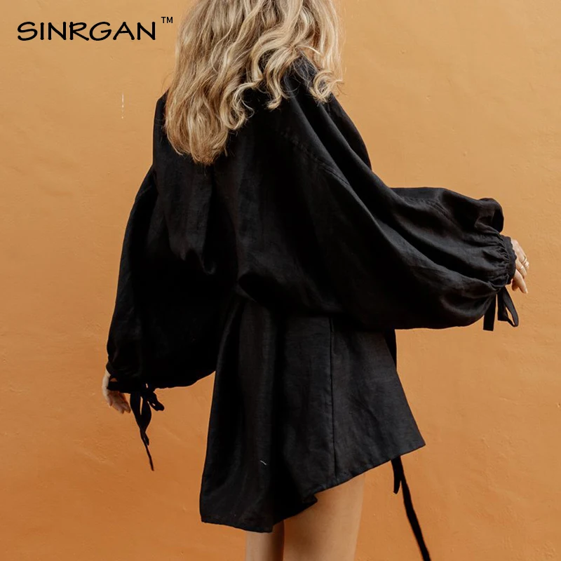 SINRGAN/черное платье с длинным рукавом для женщин; сезон весна-осень; платье в японском стиле; большие размеры; однотонное свободное платье из хлопка и льна